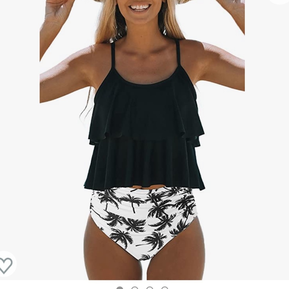 Black Ruffle Tankini Top with Palm Print Bottom